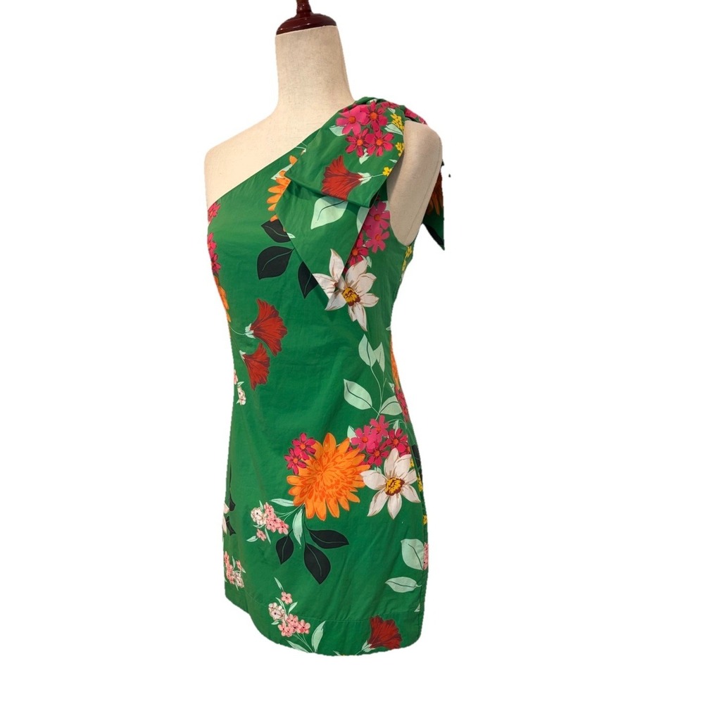 Cara Cara Edie One Shoulder Bow Mini Dress Punch Floral Green Sz Small - Picture 2 of 8